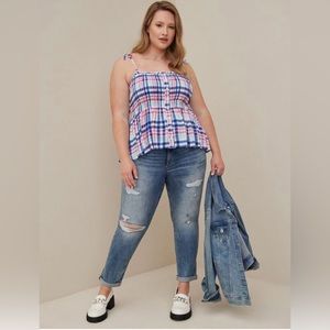 TORRID Blue Pink White Plaid Smocked Summer Tank Flirty Country Size Large